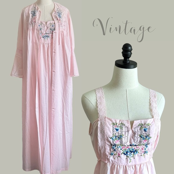vintage embroidered pink batiste gown and robe set size medium - Picture 1 of 14